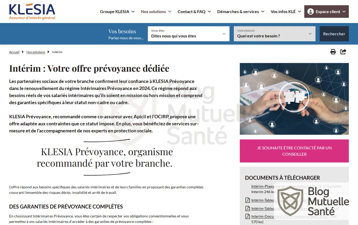 Capture : Intérim : Votre offre prévoyance dédiée | KLESIA - Assureur d’intérêt général